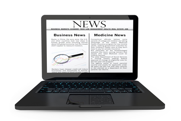 online news concept modern laptop with news screen white background